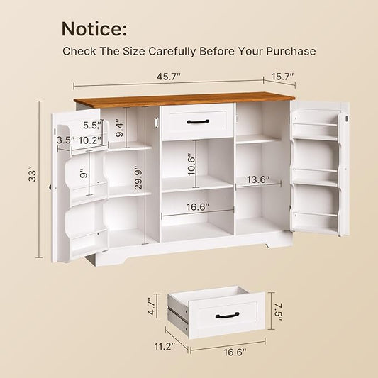 Gizoon 45" Kitchen Sideboard Buffet Cabinet with Storage Coffee Bar Cabinet with Drawer, Kitchen Pantry Storage with Door and Shelves for Bathroom and Living Room, White and Rustic