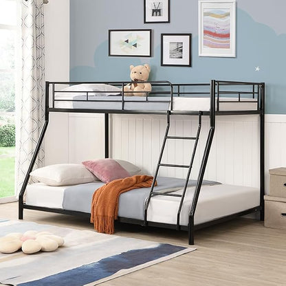 EMKK Twin Over Full Bunk Bed for Adults, Metal Bunk Beds Twin Over Full Size for Teens Dorm Bedroom Guest Room,Heavy Duty Bunk Beds with Ladder and Safety Full Length Guardrail (Black B)