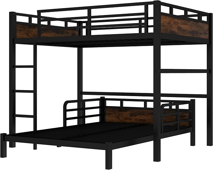 Full Over Full Metal Bunk Bed, Heavy Duty Convertible Bunk Bed Frame with Headboard & Full Guardrails, Can Be Split into Two Platform Beds or Loft Bed, Vintage