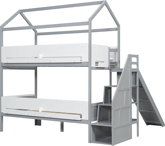 Harper & Bright Designs Twin Over Full House Bunk Bed with Trundle and Slide, Metal Bunk Bed with Bookshelf and Stairs for Kids Teens Adults, Space Saving, No Box Spring Needed, Gray+White