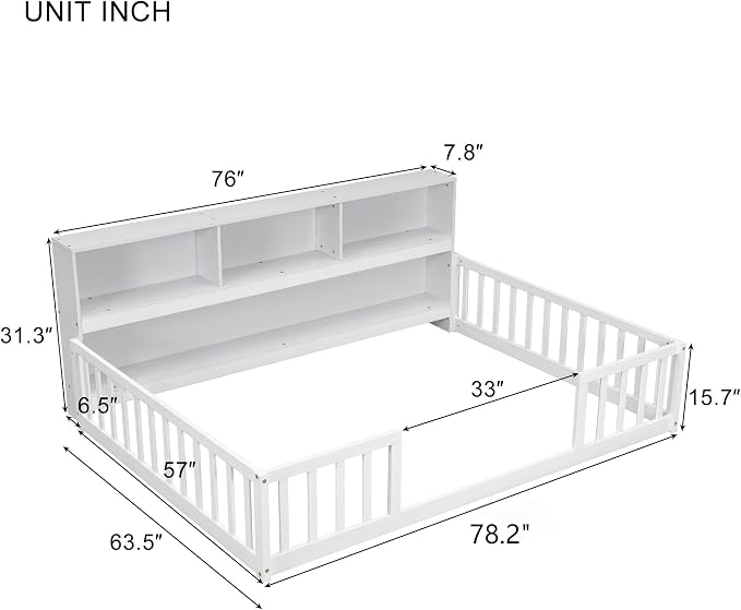 Bellemave Kids Montessori Floor Bed,Full Size Floor Bed with Bookcase and Shelves,Full Bed Frame with Guardrails for Kids,Girls,Boys,Full,White