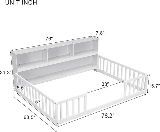 Bellemave Kids Montessori Floor Bed,Full Size Floor Bed with Bookcase and Shelves,Full Bed Frame with Guardrails for Kids,Girls,Boys,Full,White