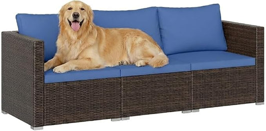 Tangkula 3 Seat Outdoor Wicker Sofa Set, Modular PE Rattan Patio Cushioned Sectional Couch Set, Outside Furniture Set for Deck, Backyard, Porch, Garden & Poolside (Brown-Navy)