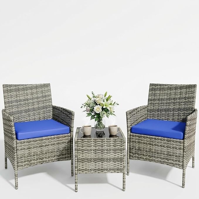 3 Piece Outdoor Patio Furniture Set, All-Weather PE Rattan Wicker Chairs with Waterproof Cushions & Tempered Glass Side Table, Modern Conversation Set for Garden, Backyard, Porch, Poolside, Gray/Blue