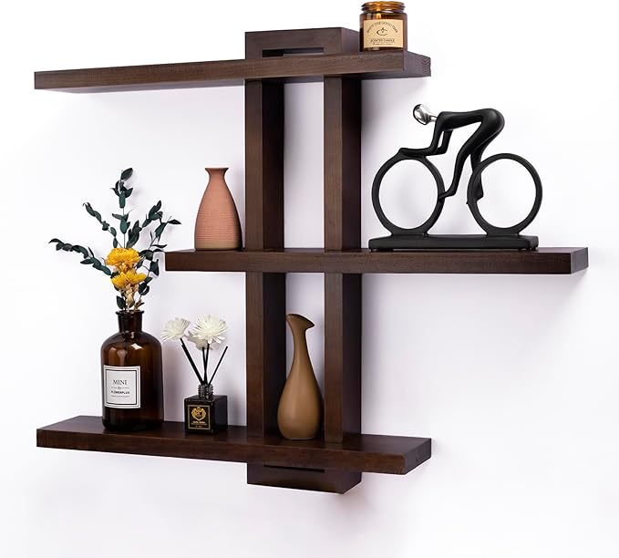 yaqew Variable Floating Shelves Wood Set of 3, Bathroom Shelves 28.35" Max, Rustic Wall Shelves for Living Room Bedroom Farmhouse - Dark Walnut Color - 28.35" x 23" x 4.3" Max