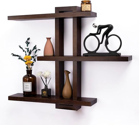 yaqew Variable Floating Shelves Wood Set of 3, Bathroom Shelves 28.35" Max, Rustic Wall Shelves for Living Room Bedroom Farmhouse - Dark Walnut Color - 28.35" x 23" x 4.3" Max