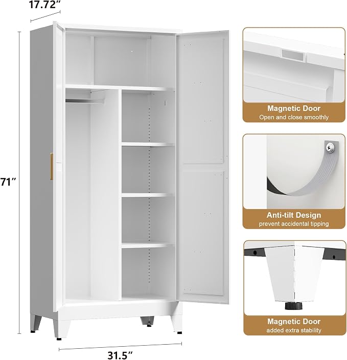 Washsemba 71'' Farmhouse Metal Wardrobe Cabinet with Hanging Rod, 2 Barn Door Wardrobe Closet with 5 Adjustable Shelves,Drawer,for Dining Room,Bedroom,Living Room, Cloak Room,Office (White)