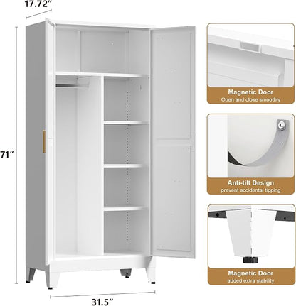 Washsemba 71'' Farmhouse Metal Wardrobe Cabinet with Hanging Rod, 2 Barn Door Wardrobe Closet with 5 Adjustable Shelves,Drawer,for Dining Room,Bedroom,Living Room, Cloak Room,Office (White)