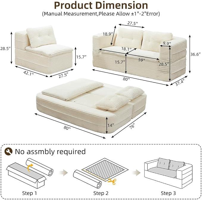 80'' Futon Sofa Bed, King Size Foldable Sleeper Sofa, Corduroy Boneless Loveseat Couch with Chaise Lounge, 3 Pillows, Blanket, Upholstered Sectional Couches for Living Room, Bedroom, Beige