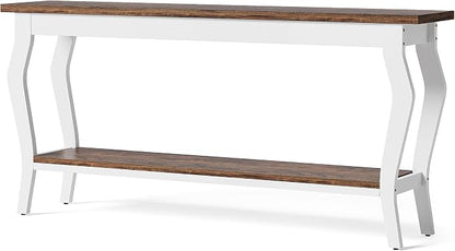 LITTLE TREE 70.9 Inches Long Console Table, 2-Tier Vintage Wooden Sofa Table Behind The Couch with Metal Legs for Hallway, Entryway, Living Room, Brown & White