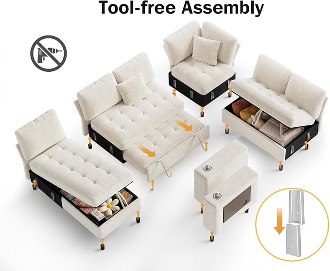 Vipbear 111" Modular Sectional Sleeper Sofa with Pull Out Bed, 7 Seat Chenille L Shaped Couch with Storage Chaise|USB Ports|Cup Holders|Side Table|LED Light, Tool Free Assembly, Beige