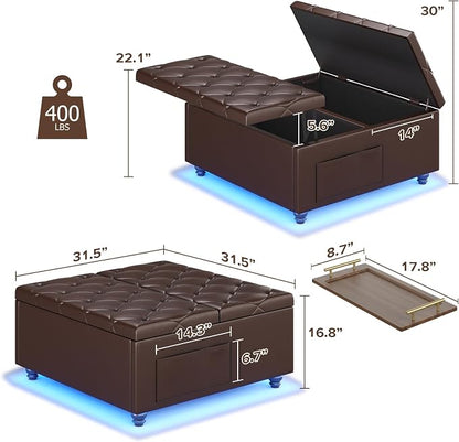 Dnxao Leather Ottoman with Storage,Lift Top Tufted Upholstered Ottoman Coffee Table with LED Lights and Charging Station, Ottomans for Living Room with 2 Side Pockets,Tray Included,PU Brown