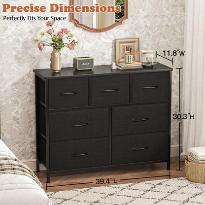 Fabric Dresser for Bedroom One-Piece 7 Drawer Dresser Steel Frame Wide Fabric Storage Tower Wooden Top and Metal Frame for Closet Organizer Living Room Bedroom Room Dorm Room Hallway Black Oak