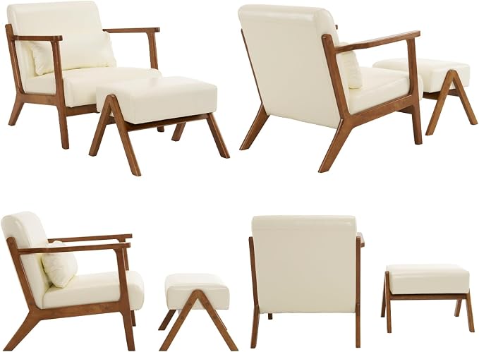 Modern Accent Chair and Ottoman Set, Mid-Century Faux Leather Upholstered Lounge Armchair with Solid Wood Frame & Comfortable Cushion for Living Room, Bedroom, Balcony, Beige