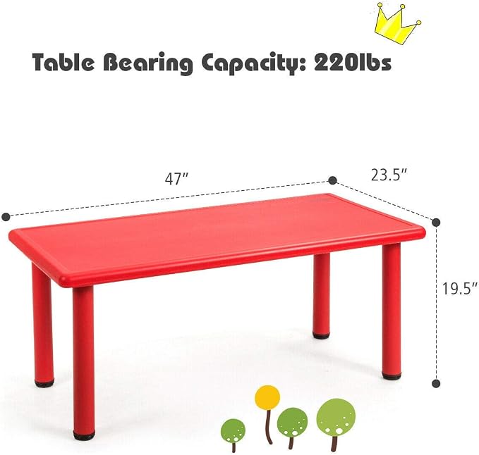 Costzon 47 x 23.5 Inch Rectangular Kids Table, Children School Activity Table for Reading Drawing Dining Playing, Multifunctional Plastic Table w/Steel Pipe, Toddler Furniture for Boys & Girls (Red)