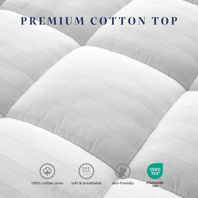 Thick Mattress Topper Twin Size, 100% Breathable Cotton Top Mattress Pad for Kids & Adults, Cooling Quilted Pillow Top Protector, 8-22" Deep Pocket, Machine Washable (39 x 75 Inches, White)