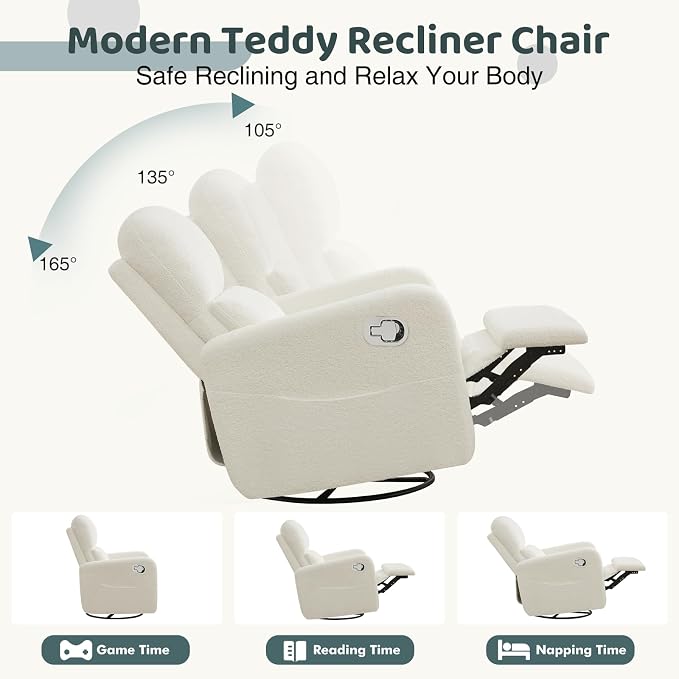 Swivel Rocker Recliner, Oversized Boucle Glider Recliner Nursery, Teddy Manual Swivel Rocking Reclining Chairs with Removable Cushion and Lumbar Support for Nursery Living Room Bedroom, White