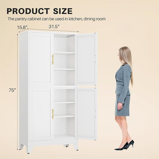 winiowa 75" Tall Kitchen Pantry Cabinet, Metal Storage Cabinet with Doors and Adjustable Shelves, White Freestanding Pantry Cabinet for Kitchen, Dining Room, Living Room, Laundry Room, Bathroom