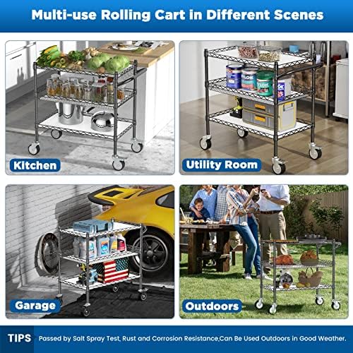 3 Tier Rolling Carts with Wheels, Heavy Duty Rolling Utility Cart