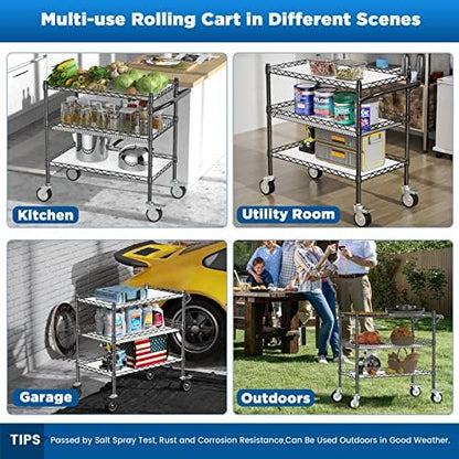 3 Tier Rolling Carts with Wheels, Heavy Duty Rolling Utility Cart