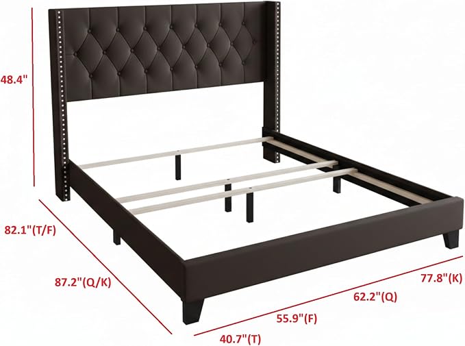 HOME DESIGN Homer Queen Tufted Wingback Upholstered Panel Bed with 2 Matching 1 Drawer Nightstands, Bedroom Furniture Set with Open Shelf Storage, Brown Brown