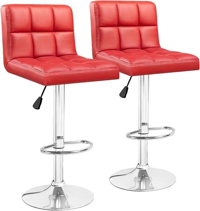 Furniwell Bar Stools Modern Pu Leather Swivel Adjustable Barstools Armless Counter Height Swivel Bar Stool Synthetic Leather Height Square Barstool with Set of 2 (Red)