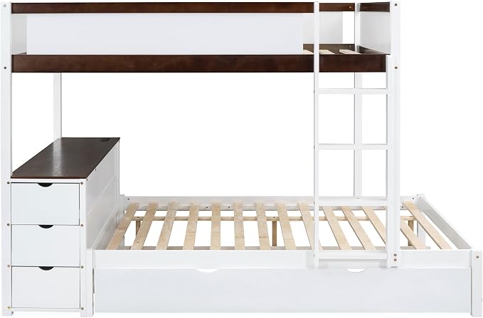 Ball & Cast Full-Over-Full Bunk Bed with Twin Size Trundle,Solid Wood Bedframe W/Desk & Drawers,USB,Space Saving,Easy Assembly,Multifunctional Bedroom Furniture Set for Boys Girls Teens,White+Walnut