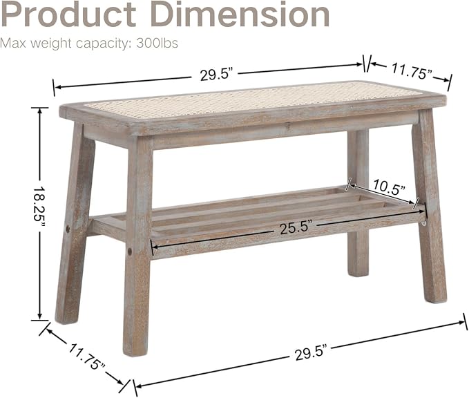 ROCITY Rattan Entryway Bench Wood Bench with Shoe Rack 30 Inch Small Bench Seat Storage Indoor Distressed Wooden Dining Bench Farmhouse Vintage Rustic Accent Bench for Porch/Dining Room/Living Room