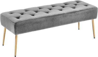 DUHOME Modern Velvet Ottoman Bench, Button-Tufted Upholstered Bedroom Benches,End of Bed Bench with Gold Base for Entryway Living Room Dining Room, Grey