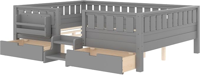 Bellemave Queen Size Kids Montessori Bed with Stairs and Bookshelf,Solid Wood Queen Size Kids Bed Frame with Drawers and Storage for Girls Boys,Low-Profile,Gray