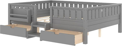 Bellemave Queen Size Kids Montessori Bed with Stairs and Bookshelf,Solid Wood Queen Size Kids Bed Frame with Drawers and Storage for Girls Boys,Low-Profile,Gray