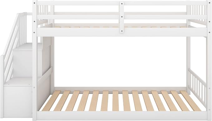 Twin Over Twin Low Bunk Bed with Ladder and for Storage Staircase for Teens, Boys or Girls, No Box Sping Needed