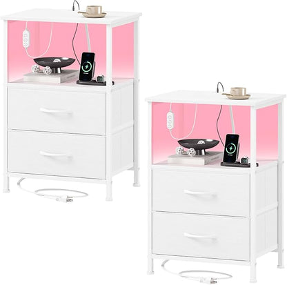 Somdot Nightstands Set of 2,End Tables with Charging Station and LED Lights,Night Stand with 2 Fabric Drawers, End Table with Open Shelf, Small Nightstand for Bedroom, White Leather