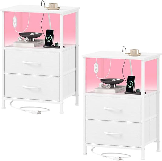 Somdot Nightstands Set of 2,End Tables with Charging Station and LED Lights,Night Stand with 2 Fabric Drawers, End Table with Open Shelf, Small Nightstand for Bedroom, White Leather