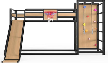 Harper & Bright Designs Twin Over Twin Metal Bunk Bed with Slide & Climbing Wall & Basketball Hoop Bookshelves for Love Sports, Yellow+Black