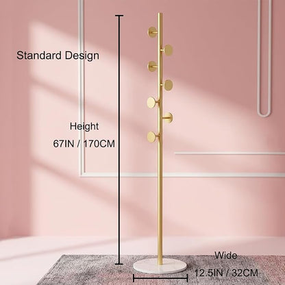 Coat Rack Freestanding Gold Clothes Rack with Marble Base & 7 Staggered Round Hooks, Heavy Duty Stable Coat Hanger Garment Stand for Entryway Bedroom, Hall Tree Racks for Clothing Hats Bags Purses