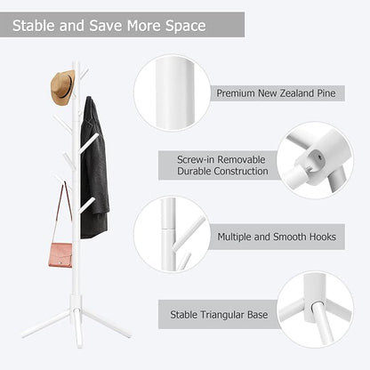 Coat Rack, Coat Racks Freestanding with 8 Hooks 3 Adjustable Heights for Clothes, Hats, Handbags, Coat Tree Easy Assembly for Entryway, Bedroom, Hallway, Office(White)