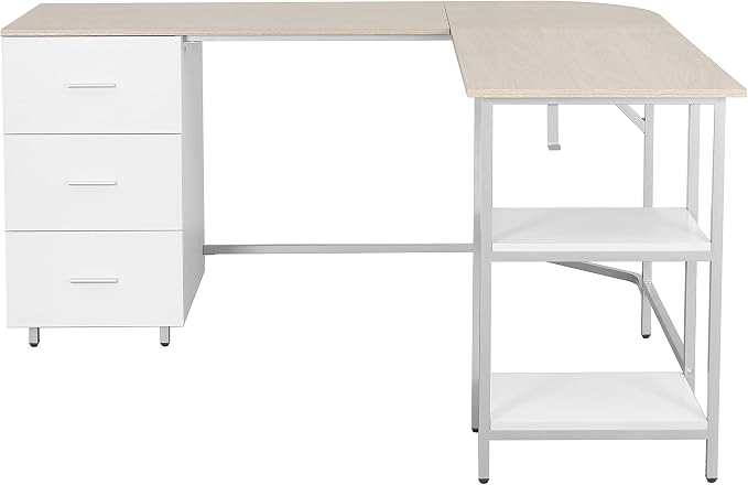 Techni Mobili L Shaped Desk - Two-Toned Computer Desk with Drawers & Storage Shelves - Simple Modern Furniture & Home Office Space Corner Table for Work & Writing | 59" two‑tone L‑shaped desk with storage shelves, durable frame, modern corner workstati...