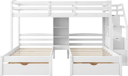 VilroCaz Twin Size Triple Bunk Bed with Drawers and Staircase, Solid Wood Bunk Bed Frame with Safety Full-Length Guardrail and Built-in Shelves, 3 Beds in 1 for Kids Teens Adults
