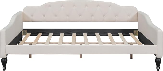 Merax Full Size Daybed, Solid Wood Sofa Bed Frame, Upholstered Tufted Daybed for Living Room, Bedroom and Guest Room, Beige