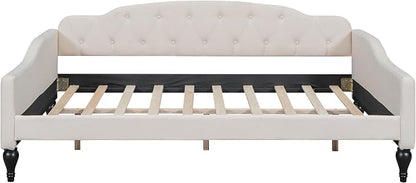 Merax Full Size Daybed, Solid Wood Sofa Bed Frame, Upholstered Tufted Daybed for Living Room, Bedroom and Guest Room, Beige