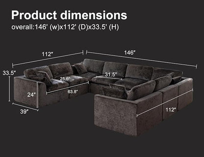 Modular Sectional Sofa – Oversized Modern Cloud Couch with Deep Chenille Seats, U-Shaped Boneless Sofa, Pet-Friendly, No Assembly, Gray (8 Seater)
