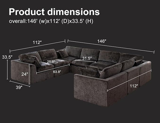 Modular Sectional Sofa – Oversized Modern Cloud Couch with Deep Chenille Seats, U-Shaped Boneless Sofa, Pet-Friendly, No Assembly, Gray (8 Seater)