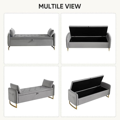 65" End of Bed Storage Bench, Storage Bench for Bedroom with Tufted Button Upholstered and Gold Legs, Ottoman Bedroom Benches with Armrests for Living Room Window, Light Grey