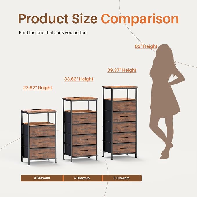 Sweetcrispy Nightstand with Charging Station, Bedside End Table with 4 Fabric Drawers, USB & Type-C Ports with AC Outlets, Adjustable Feet & Dimmable LED Light Strip, Modern Bedroom Furniture, Brown