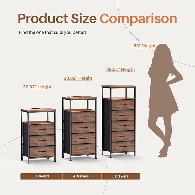 Sweetcrispy Nightstand with Charging Station, Bedside End Table with 3 Fabric Drawers, USB & Type-C Ports with AC Outlets, Adjustable Feet & Dimmable LED Light Strip, Modern Bedroom Furniture, Brown