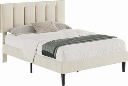 VECELO Full Size Bed Frame with Upholstered Headboard, Heavy-Duty Bedframe with Strong Wooden Slats Support, No Boxing Spring Needed, Pale Beige