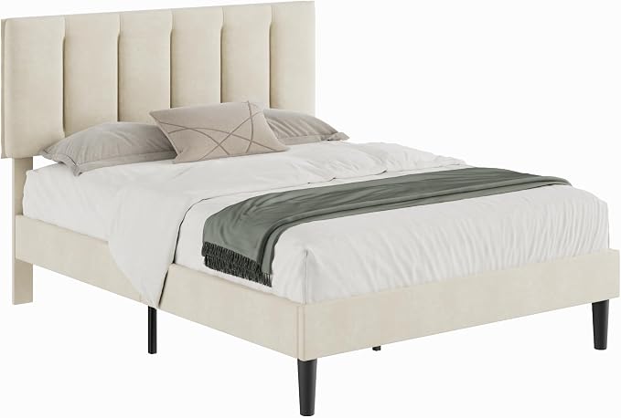 VECELO Queen Size Bed Frame with Upholstered Headboard, Heavy-Duty Bedframe with Strong Wooden Slats Support, No Boxing Spring Needed, Pale Beige