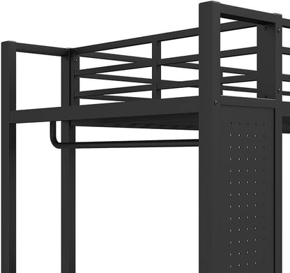 Bellemave Bunk Bed Twin XL Over Twin XL,Metal Bunk Bed with Shelf and Guardrails,Queen Bunk beds with Storage Drawers and Clothes Hooks for Kids, Teens & Adults（Black）