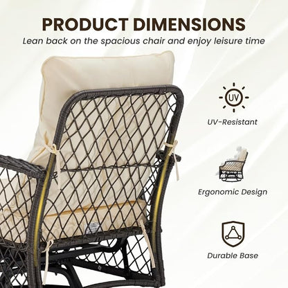 3-Piece Patio Furniture Set, Wicker Outdoor Bistro Set Swivel Glider Patio Chairs x 2 with Cushions, High Back All-Weather Rattan Outdoor Furniture for Porch, Backyard (Beige + Wicker)